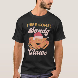 Cute Christmas Crab Pun Santa Hat Here Comes Sandy T-Shirt