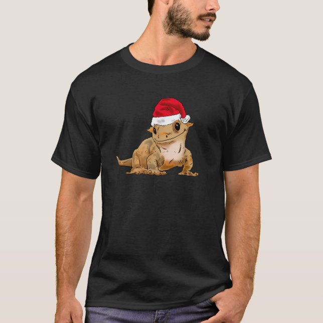 Cute Christmas Crested Gecko Santa Hat Santa Crest T-Shirt (Front)