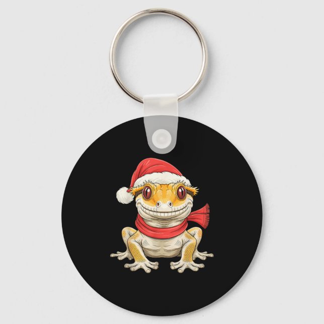 Cute Christmas Crested Gecko Santa  Key Ring (Front)