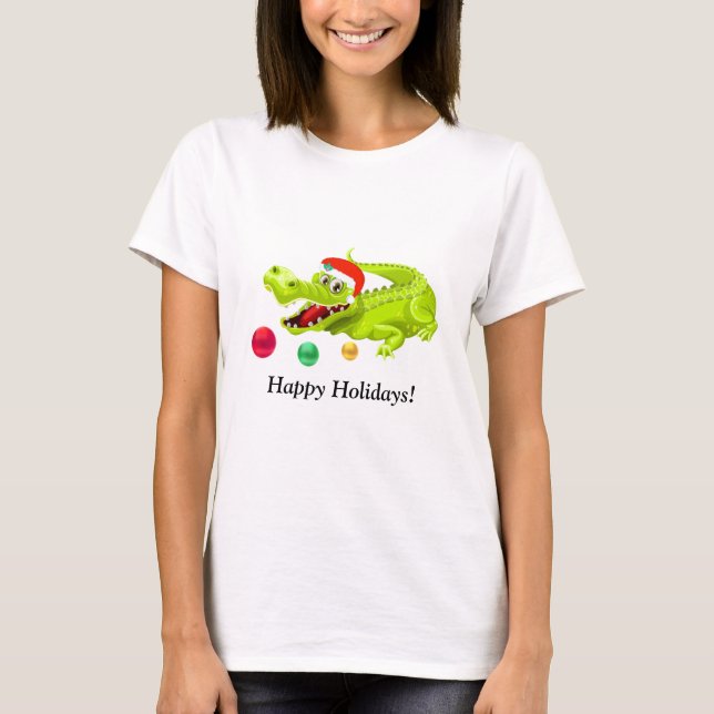 Cute Christmas Crocodile. Green Golden & Red Balls T-Shirt (Front)