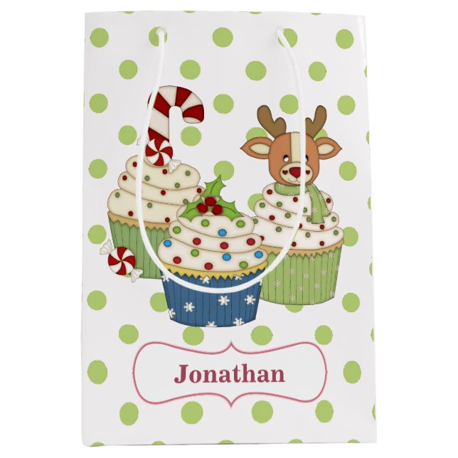 Cute Christmas Cupcake Polkadot Personalised Medium Gift Bag (Front)