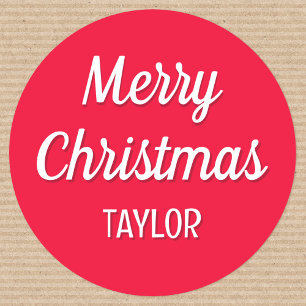 Cute Christmas Custom Kids Name Typography Red Classic Round Sticker
