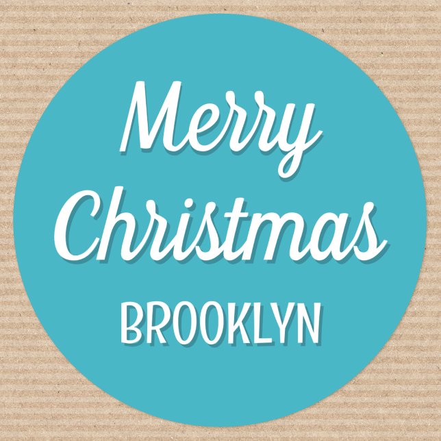Cute Christmas Custom Kids Name Typography Teal Classic Round Sticker (Creator Uploaded)