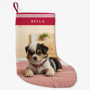 Cute Christmas Custom Pet Name Photo Greek Meander Small Christmas Stocking