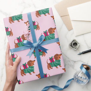 Cute Christmas Dachshund in Green Sweater Pink Wrapping Paper