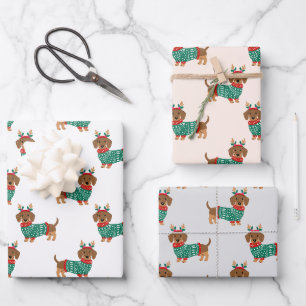 Cute Christmas Dachshund Multi Pack Reindeer Dog Wrapping Paper Sheet