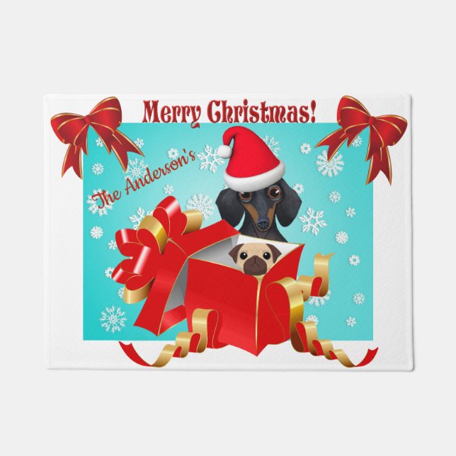 Cute Christmas Dachshund Snow Flake Doormat (Front)