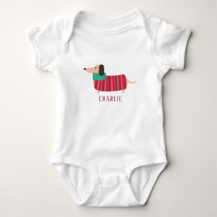 Cute Christmas Daschund Dog Personalised Name Baby Bodysuit