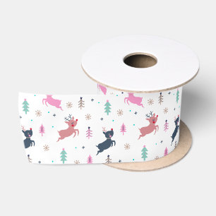 Cute Christmas Deer And Trees Illustration White Satin Ribbon