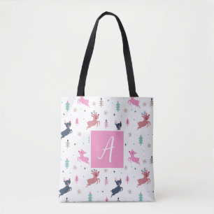 Cute Christmas Deer And Trees Monogram White Tote Bag