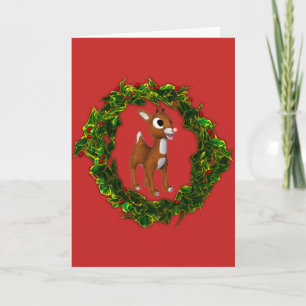 Cute Christmas Deer and Wreath Holiday Card