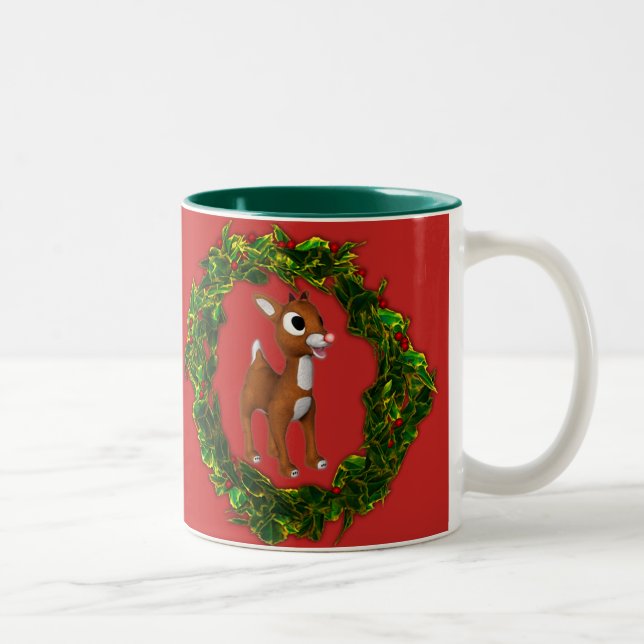 Cute Christmas Deer and Wreath Two-Tone Coffee Mug (Right)
