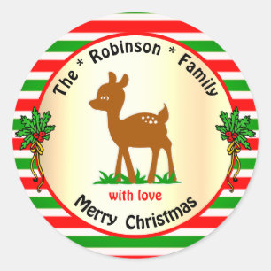 Cute Christmas Deer Calf Red and Green Stripes Classic Round Sticker