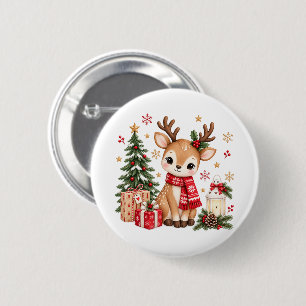 Cute Christmas Deer Fawn with Christmas Tree 6 Cm Round Badge