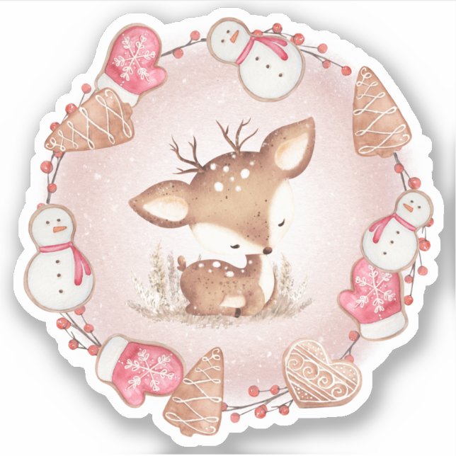 Cute Christmas Deer Gingerbread Pink Kiss cut (Front)