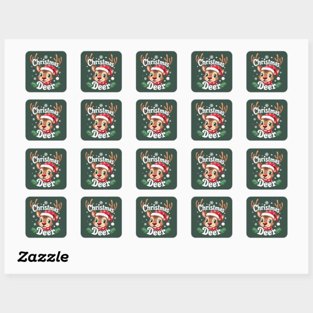 Cute Christmas Deer Illustration Square Sticker (Sheet)