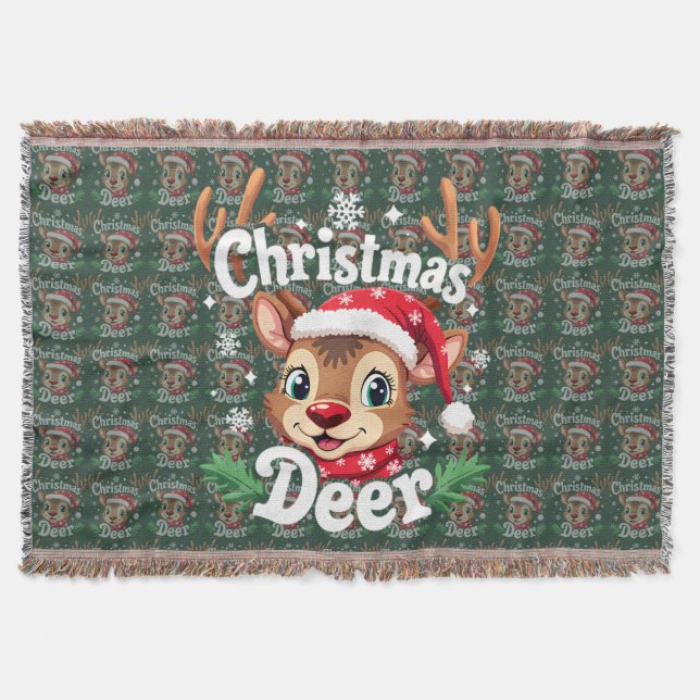 Cute Christmas Deer Illustration Throw Blanket (Front)