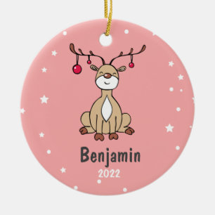 Cute Christmas Deer Kids Personalised Ceramic Tree Decoration