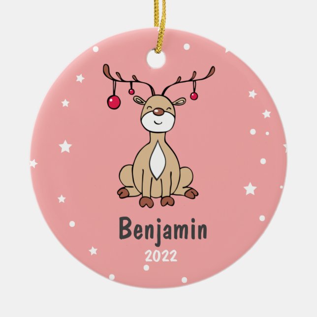 Cute Christmas Deer Kids Personalised  Ceramic Tree Decoration (Front)