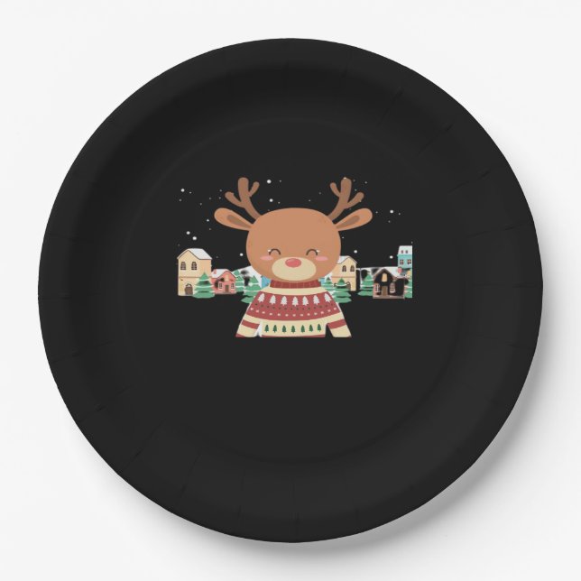 Cute Christmas Deer Minimal Design  Paper Plate (Front)