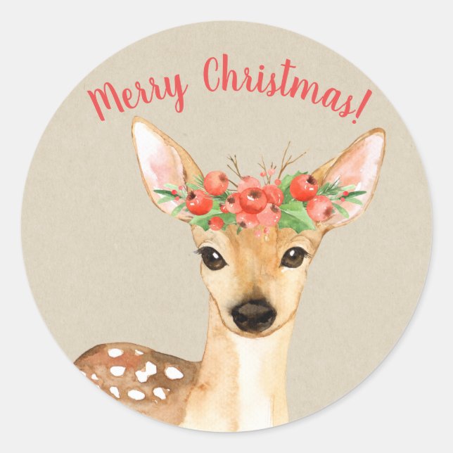 Cute Christmas Deer Rustic Country Holiday Custom Classic Round Sticker (Front)