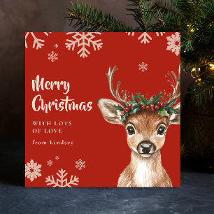 Cute Christmas Deer with Antlers and Floral Crown Holiday Card