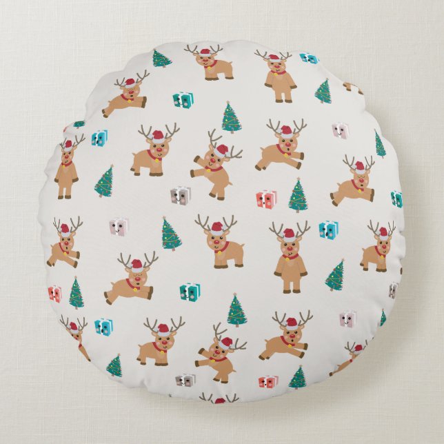 Cute Christmas Deer Xmas Gifts & Tree Pattern Round Cushion (Front)