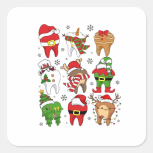 Cute Christmas Dental Tooth Characters Fun Holiday Square Sticker