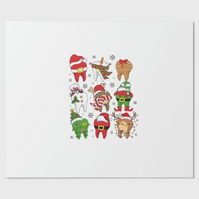 Cute Christmas Dental Tooth Characters Fun Holiday Wrapping Paper (Flat)