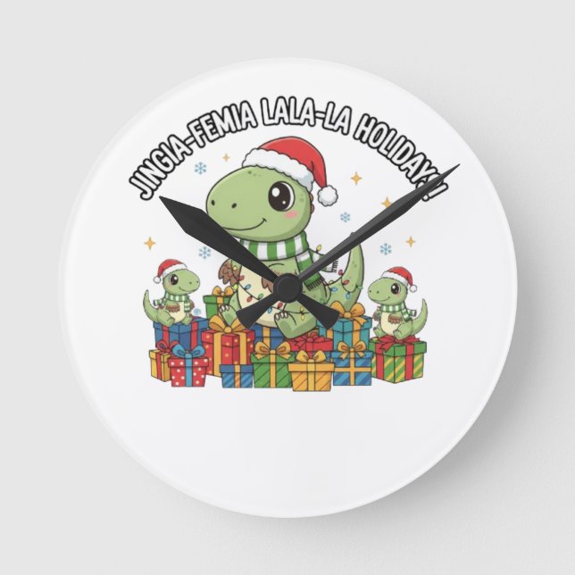 Cute Christmas Dino Family – Festive Holiday Gifts Round Clock (Front)