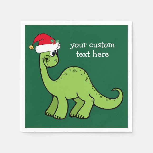 Cute Christmas Dinosaur Santa Custom Green Party Napkin (Front)