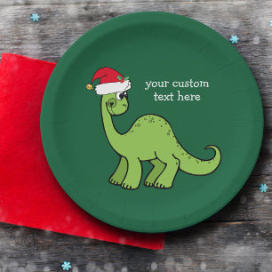 Cute Christmas Dinosaur Santa Custom Green Party Paper Plate