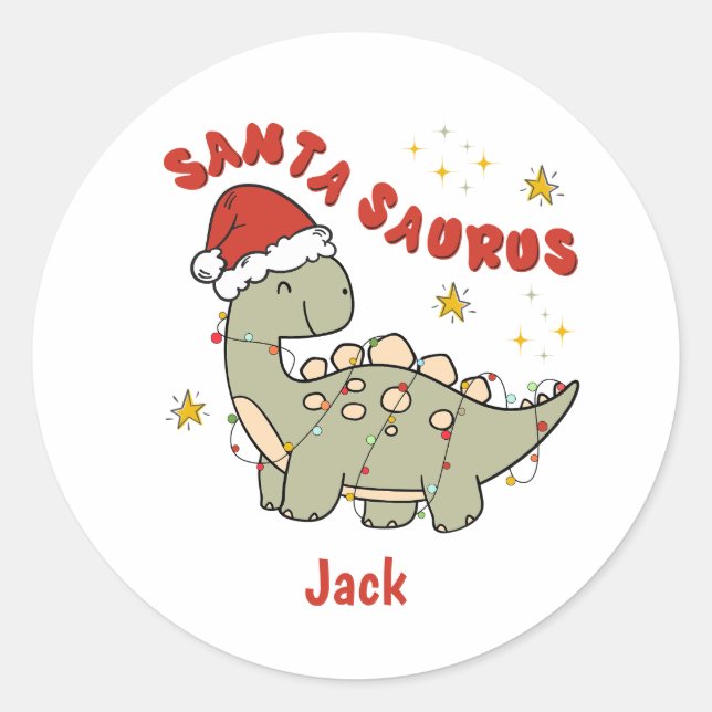 Cute Christmas Dinosaur Santasaurus Retro Name Classic Round Sticker (Front)