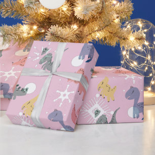 Cute Christmas Dinosaurs Hand Drawn Birthday Party Wrapping Paper