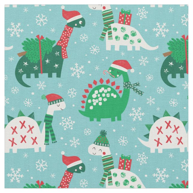 Cute Christmas Dinosaurs on blue Fabric (Close Up)