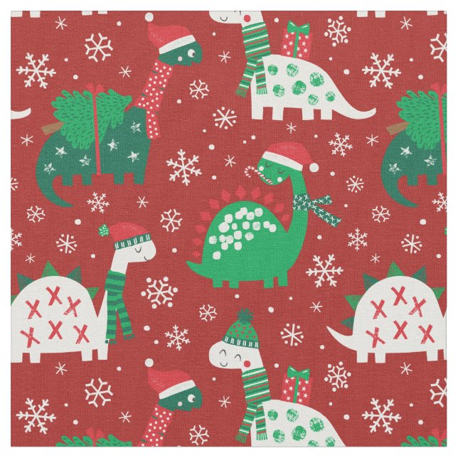 Cute Christmas Dinosaurs on bordeaux red Fabric (Close Up)