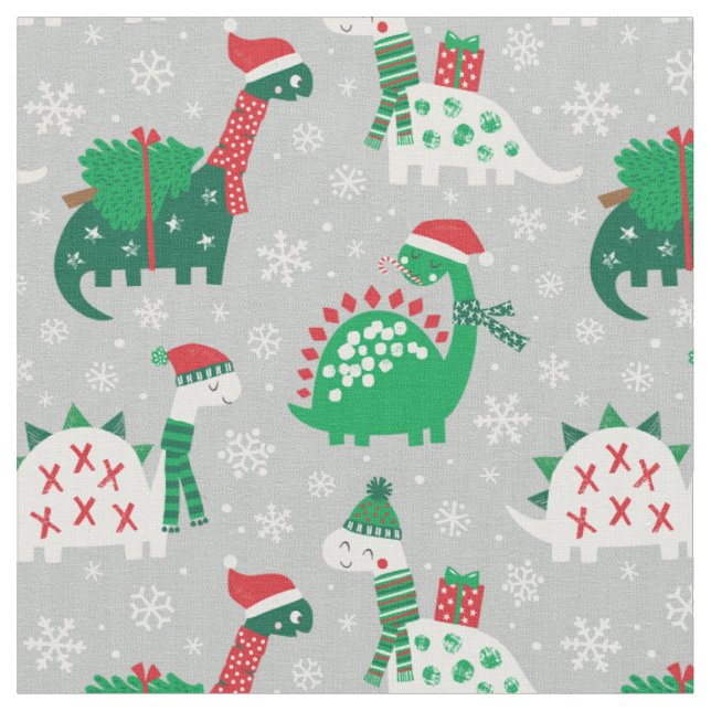 Cute Christmas Dinosaurs on grey Fabric (Close Up)