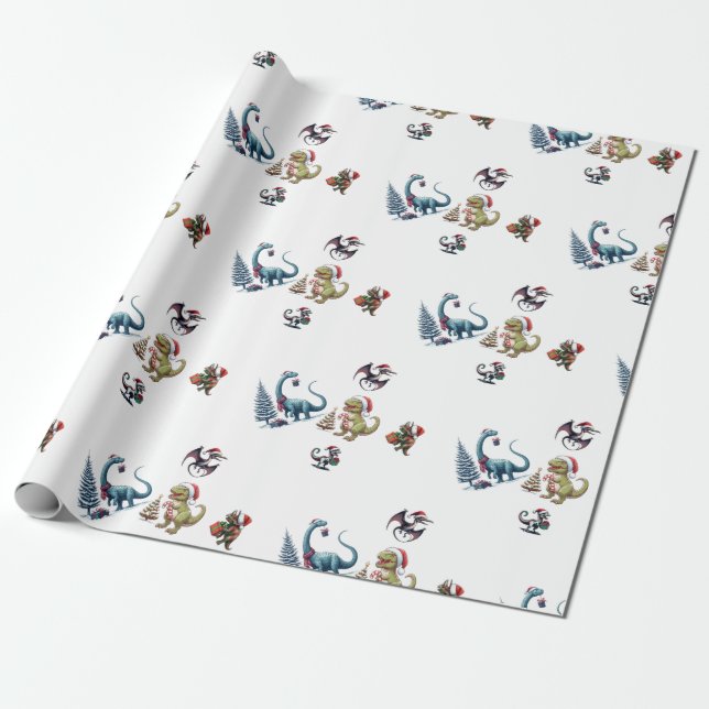 Cute Christmas Dinosaurs Wrapping Paper (Unrolled)