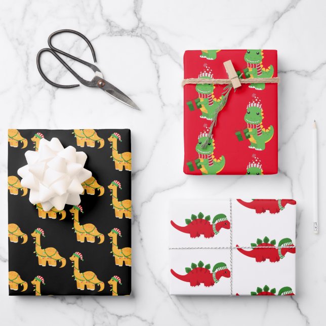 Cute Christmas Dinosaurs Wrapping Paper Sheet (Front)