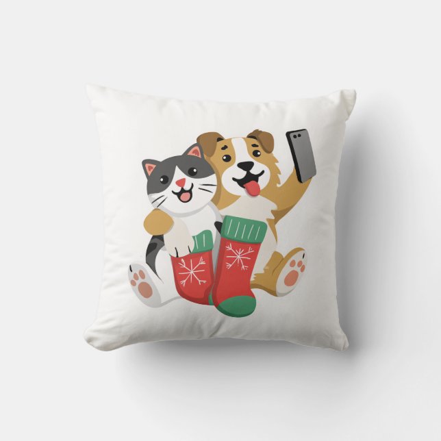 Cute Christmas Dog and Cat Selfie – Funny Holiday Cushion (Front)