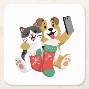 Cute Christmas Dog and Cat Selfie – Funny Holiday Square Paper Coaster