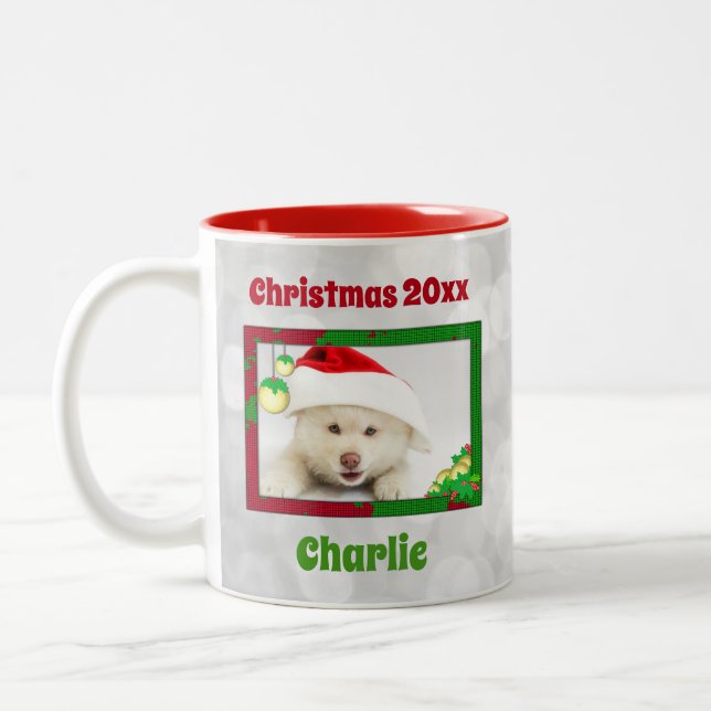 Cute Christmas Dog Cat Pet Photo Keepsake Two-Tone Coffee Mug (Left)