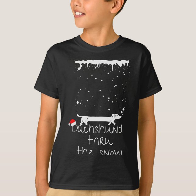 Cute Christmas Dog, Dachshund Thru The Snow  T-Shirt (Front)