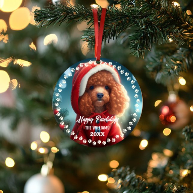 Cute Christmas Dog Happy Holiday 2-Sided 2-Photo  Ornament (Cute Chirstmas pet dog poodle photo ornament)