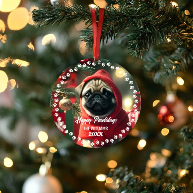 Cute Christmas Dog Happy Holiday Photo Ornament  (Cute First Christmas pug pet dog photo ornament)