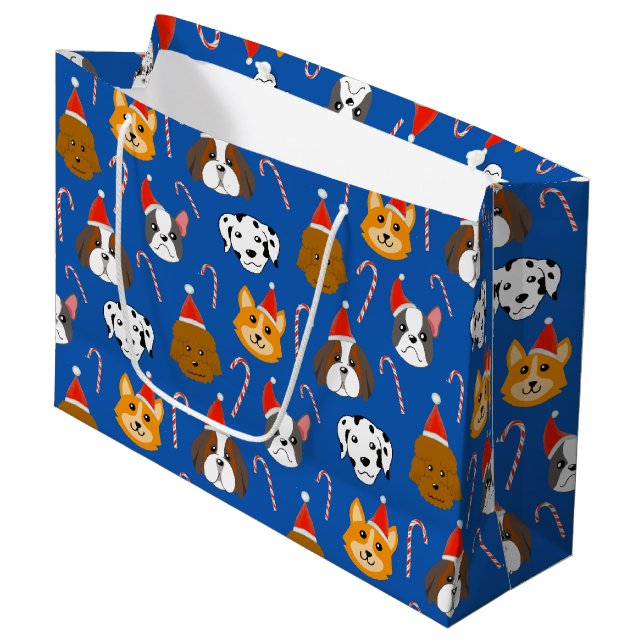 Cute Christmas Dog Patterned Large Gift Bag (Front Angled)