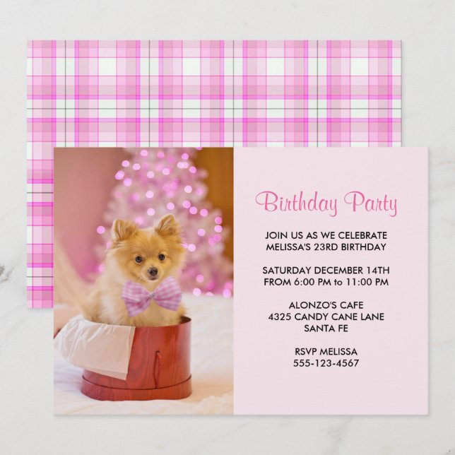 Cute Christmas Dog Photo with Pink Bow Birthday Invitation (Front/Back)