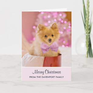 Cute Christmas Dog Photo with Pink Bow & Tree Card
