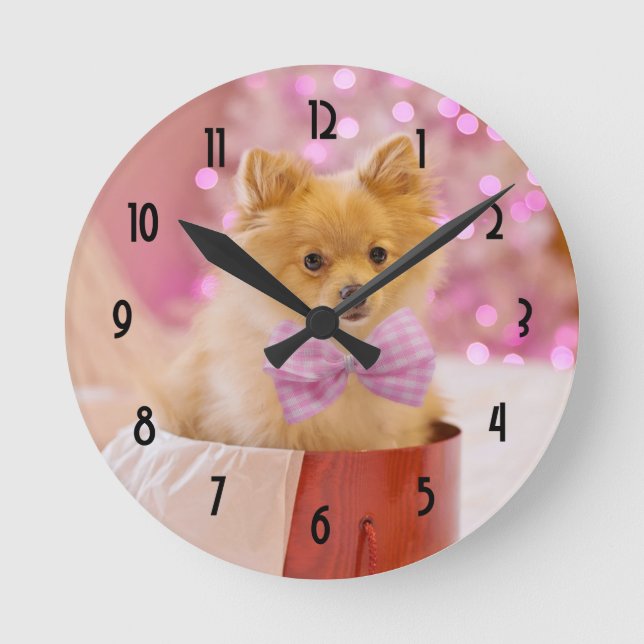 Cute Christmas Dog Photo with Pink Bow & Tree Round Clock (Front)