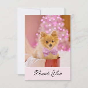 Cute Christmas Dog Photo with Pink Bow & Tree Thank You Card